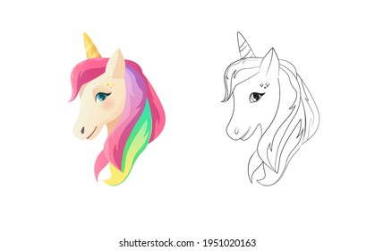Cute unicorn head in flat style. Coloring book for children. Cartoon vector illustration.