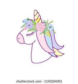 Cute unicorn head with floral wreath in pastel colors isolated on white. Vector girly illustration for poster, card, stationery, clothing, textile, t shirts and more.
