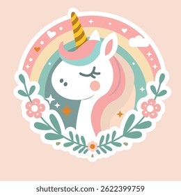 Cute Unicorn Head with Floral Wreath – Vector Illustration