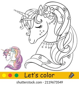 Cute unicorn head with flower. Coloring book page with color template. Vector cartoon illustration. For kids coloring, card, print, design, decor and puzzle.