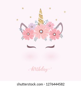 Cute unicorn head with flower crown. 