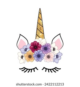 Cute unicorn head with flower crown