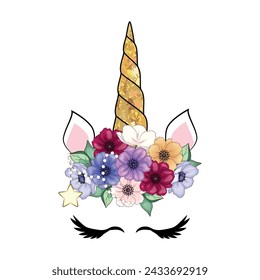 Cute unicorn head with flower crown