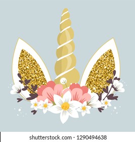 Cute unicorn head with flowers. Vector Illustration