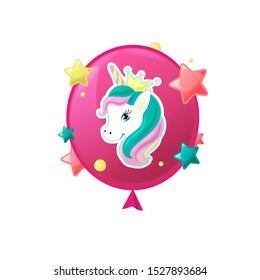 Cute unicorn head. Good for logo, sticker, badge, print, baby birthday, invitation, greeting card, t-shirt design. Vector illustration.