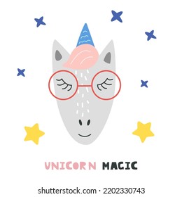 Cute unicorn head. Hand drawn vector character. Unicorn magic  handwritten lettering. Scandinavian cartoon style. For web, posters, invitations, postcards, greeting cards, flyers, etc.