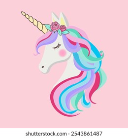 Cute unicorn head with horn in colorful rainbow pastel design, vector illustration design for cartoon children, baby card, decorating birthday party, shirt, sticker