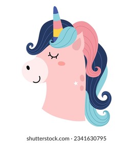 Cabeza de unicornio lindo Aislada sobre fondo blanco. Feliz rostro de pony mágico. Sombrerero de personaje fantástico con pelo de arco iris. Ilustración del vector