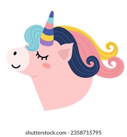 Cute unicorn head Isolated on white background. Magic pony face. Fantasy character sticker with rainbow hair. Vector illustration