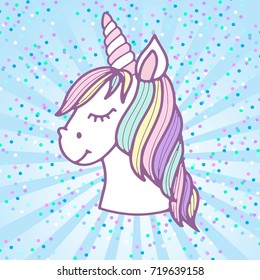 Cabeza de unicornio y texto con letras Magical. Dibujo de personajes de dibujos animados. Diseño para pantalones infantil, tarjeta, adhesivo, web, impresión.  