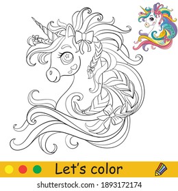 Cute unicorn head with long mane and ribbons. Coloring book page with colorful template. Vector cartoon illustration isolated on white background. For coloring book,preschool education, print and game