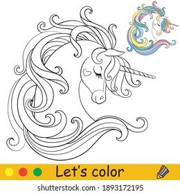 Cute unicorn head with long mane. Coloring book page with colorful template. Vector cartoon illustration isolated on white background. For coloring book, preschool education, print and game.