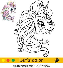 Cabeza de unicornio lindo con una larga melena. Colorear la página del libro con la plantilla de color. Ilustración de dibujos animados. Para los niños colorido, tarjeta, impresión, diseño, decoración y rompecabezas.