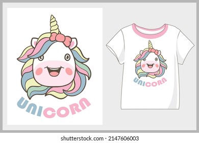 Cute unicorn head mascot cartoon t-shirt design with preview.