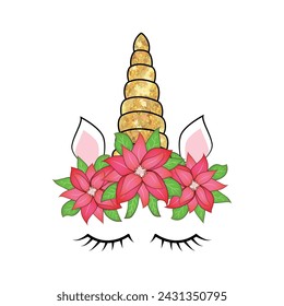 Cute unicorn head with poinsettia flower crown, Christmas