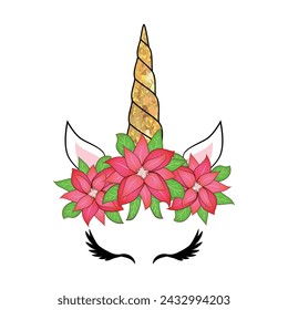Cute unicorn head with poinsettia flower crown, Christmas