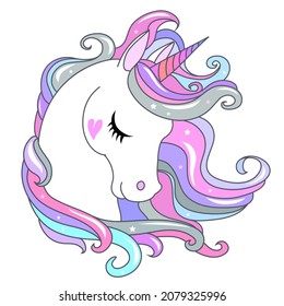 Cute Unicorn head portrait illustration for children design. Sweet fantasy magic pony character for t-shirts, prints and cards