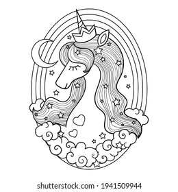 Cute unicorn head and rainbow. Black and white linear illustration for coloring. For the design of coloring books, prints, posters, stickers, tattoos, etc. Vector