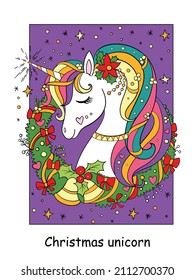 Cute unicorn head with rainbow mane in the sky with stars. Vector cartoon illustration. For card, print, design, stickers, decor, kids apparel, puzzle and game.