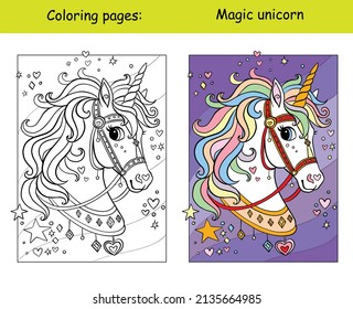 Cute Unicorn head with rainbow mane in the sky with stars. Coloring book page with color template. Vector cartoon illustration. For kids coloring, card, print, design,  decor and puzzle.