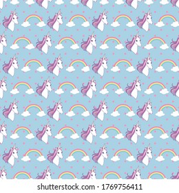 Cute Einhornkopf und Regenbogen nahtlose Muster auf blauem Hintergrund mit Polka-Punkten