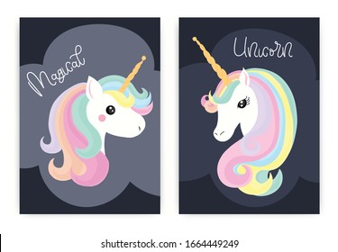 Cute unicorn head set. Vector illustration.