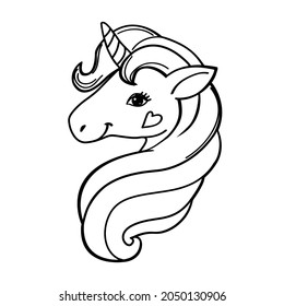 Cute unicorn head silhouette line art drawing isolated. Vector cartoon illustration coloring book for children