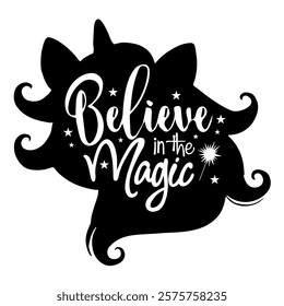 Cute Unicorn head silhouette with quote inside and stars Believe in magic shirt print template isolated on white background. Vector graphic