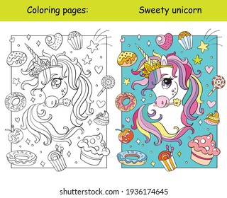 Cute unicorn head with sweets and cakes. Coloring book page for children with colorful template. Vector cartoon isolated illustration. For coloring book, preschool education, print, game, decor.