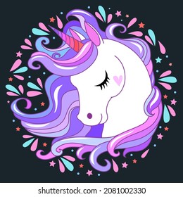 Cute unicorn head. Vector cartoon illustration