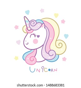 Cute Unicorn head vector, Unicorn icon, Pony cartoon (Kawaii animal): Fabulous fashion fairytale horse party invite- sticker graphic Magic for invitation post, t-shirt, nursery décor. hand drawn
