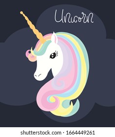 Cute unicorn head. Vector illustration.