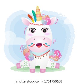 a cute unicorn in a headdress with feathers. Cartoon apache unicorn. Vector illustration