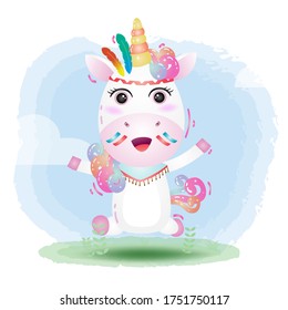 a cute unicorn in a headdress with feathers. Cartoon apache unicorn. Vector illustration