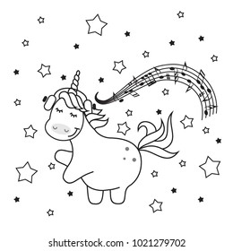 cute unicorn in headphones listening to music and dancing, vector illustration for coloring