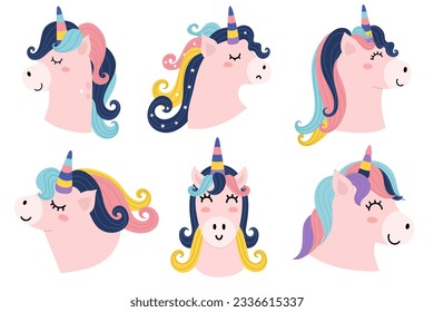 Cute unicorn heads collection. Magic horse character set for kids. Happy animal clipart isolated on white in cartoon style. Vector illustration