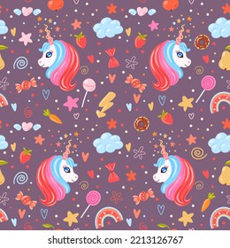 Cute unicorn heads seamless pattern with stars, rainbows, sweets, carrots, clouds, lollipops, lghtnings and hearts. Good pattern for wrapping paper and kids apparel.