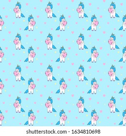 
Cute unicorn with a heart. Blue background. Seamless vector pattern.