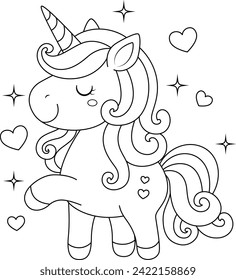 Cute unicorn with heart coloring page. Valentine illustration coloring page