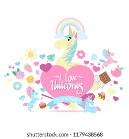 Cute unicorn with heart, lettering and other objects. Vector illustration isolated on white background for posters, cards and much more.