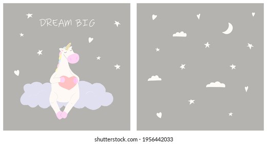 cute unicorn with heart on the cloud. cartoon vector illustration for baby design, kids room, print, fabric