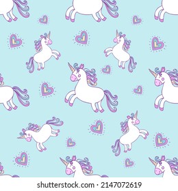 Cute unicorn and heart seamless pattern on light blue background. Vector illustration can be used for baby clothing design and for scrapbooking design for wrapping and digital paper.