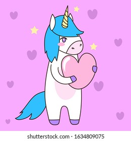 Cute unicorn with a heart. St. Valentine's Day. Romance. Vector illustration