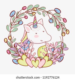 cute unicorn with hearts and branches leaves