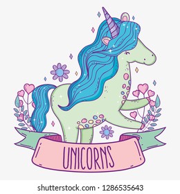 cute unicorn with hearts and branches leaves