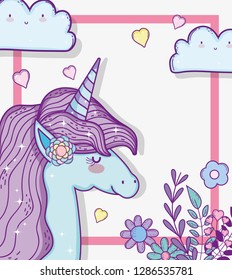 cute unicorn with hearts and branches leaves with flower