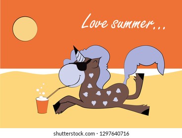 Cute unicorn in hearts on the beach. Vector design isolated on white background. Magical unicorn cartoon.