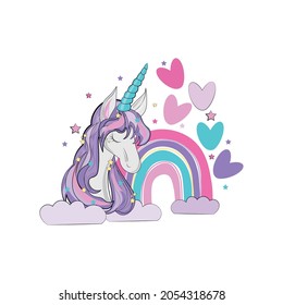 cute unicorn with hearts on rainbow background 