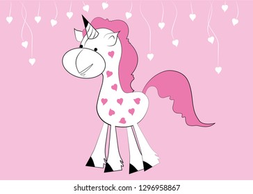 Cute unicorn in hearts with pink hair. Vector illustration. Unicorn cartoon with white hearts on threads.