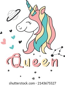 Cute unicorn, hearts, stars, planet with typography vector design . Fashion drawing in modern style for clothes.